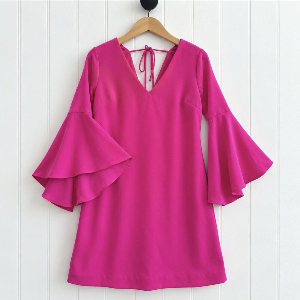 Trina Turk Nico Fuschia Sheath Mini Dress V Neck Double Tiered Bell Sleeves Sz S